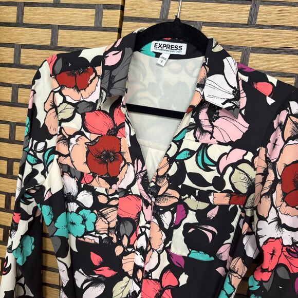 Express Black Floral The‎ Portifino Shirt Dress Size Small - Picture 3 of 6